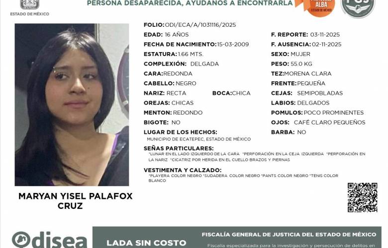 Célula de Búsqueda de Ecatepec aplica protocolo para localizar a Maryan Yisel