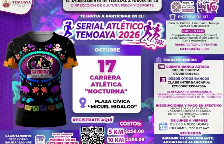 Convoca Temoaya a la 17ª Carrera Atlética Nocturna con bolsa de 27 mil pesos