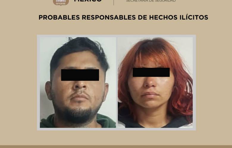 Elementos de la SSEM detuvieron a un hombre y una mujer por su probable responsabilidad en el delito de posesión de un arma de fuego 