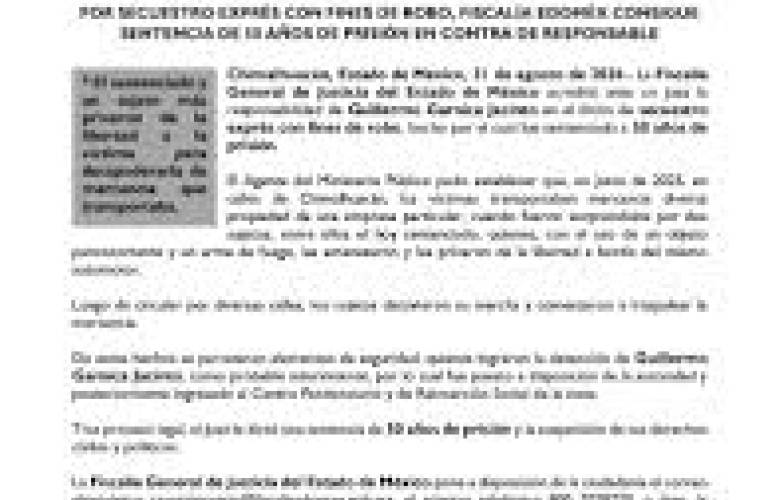 Por secuestro exprés con fines de robo, Fiscalía Edoméx consigue sentencia de 50 años de prisión en contra de responsable