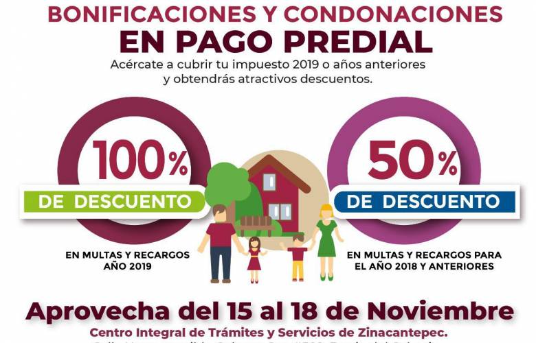 Zinacantepec condona 100 por ciento en multas y recargos en pago de predial