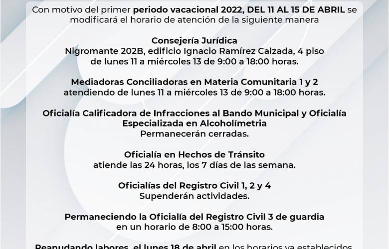 Consejería Jurídica de Toluca trabajará en periodo vacacional