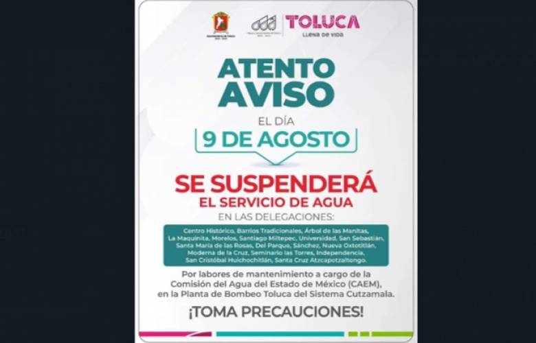 Cortarán agua en Toluca este martes 