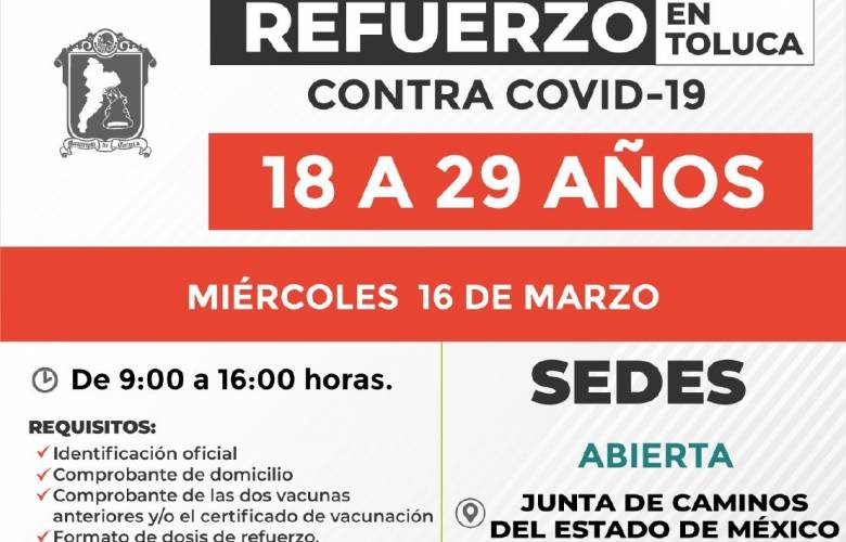 Nueva jornada de vacunación contra Covid-19 a mayores de 18 a 29 años en Toluca