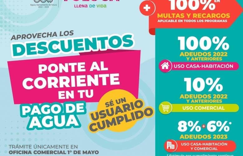 Invita Toluca a aprovechar los descuentos en pago de agua 2023