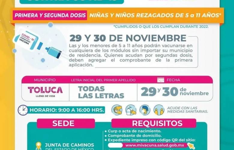En Toluca vacunan contra Covid-19 para niños y niñas rezagados de 5 a 11 años 