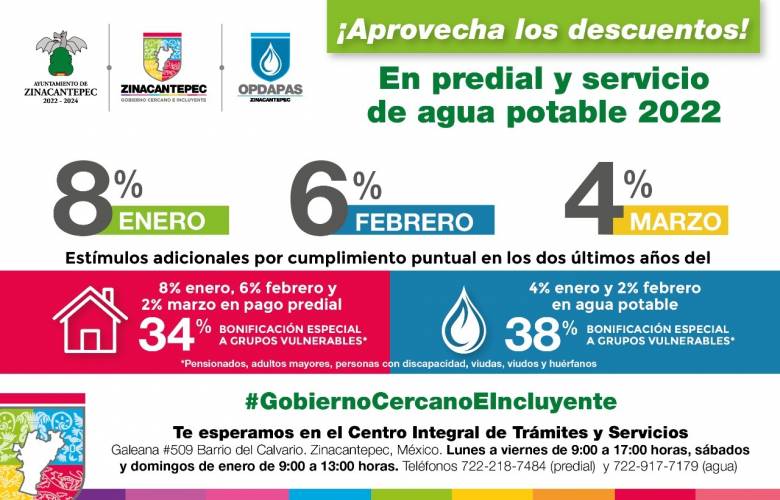 Ofrece Zinancantepec 8,6 y 4 por ciento en el pago de predial y agua